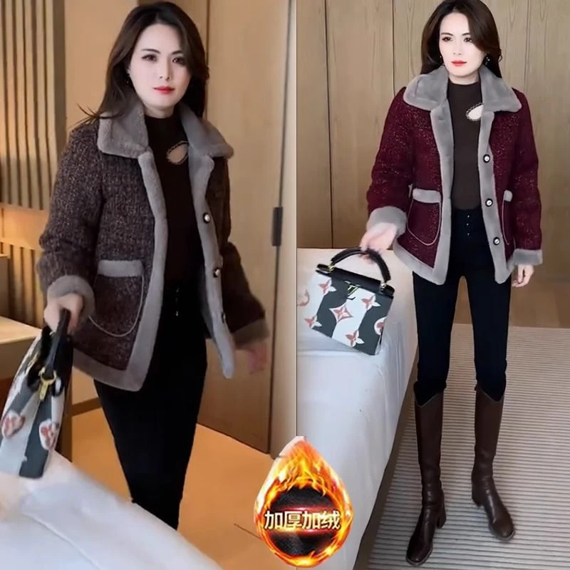 妈妈冬季新款洋气加绒加厚毛呢外套中年女士冬装短款保暖呢子大衣