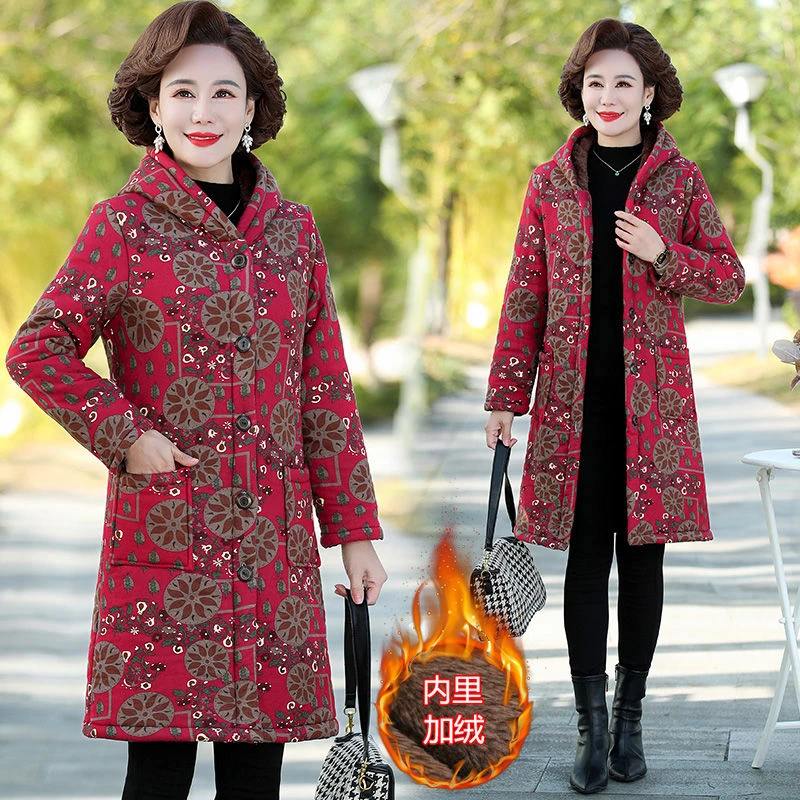 2023款中老年人加绒加厚棉服连帽花棉袄妈妈棉衣女冬装中长款外套