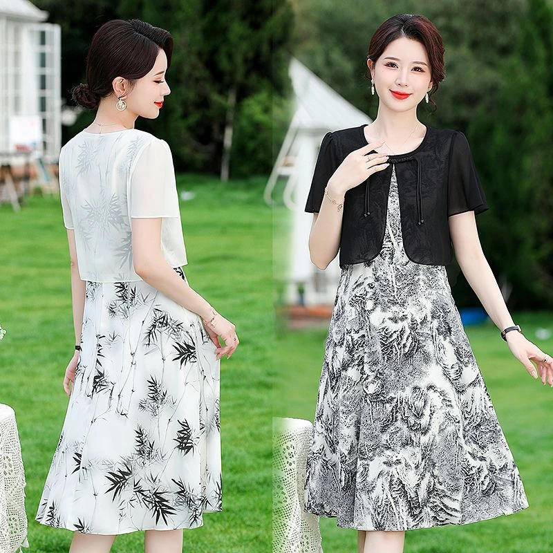 妈妈夏装新中式假两件连衣裙短袖新款中老年轻奢碎花中长款裙子女