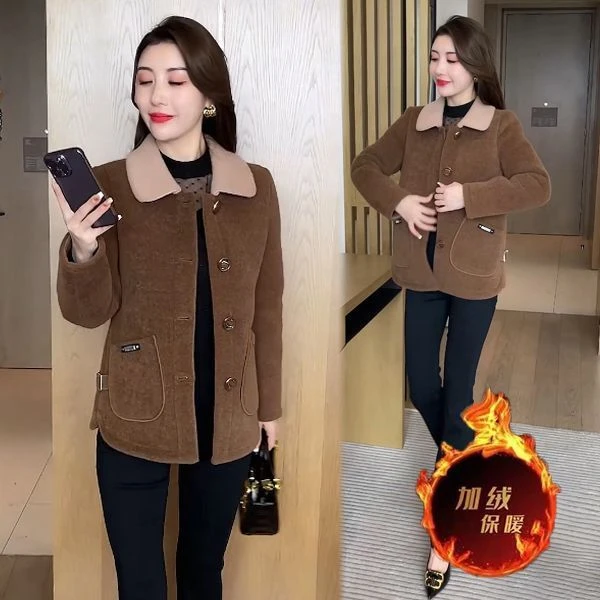 秋冬装新款女装时尚百搭宽松仿皮毛一体洋气外套冬季加绒保暖上衣