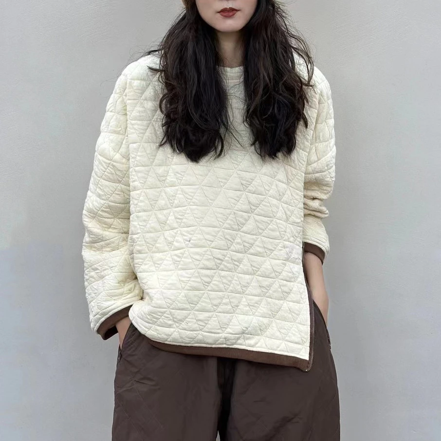 复古撞色刀切棉小棉衣 宽松圆领菱形格拉链文艺套头上衣 3SP91