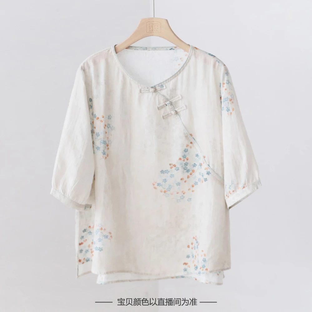 复古国风中式印花苎麻小衫 斜襟盘扣宽松禅意上衣衬衫 HLL31052