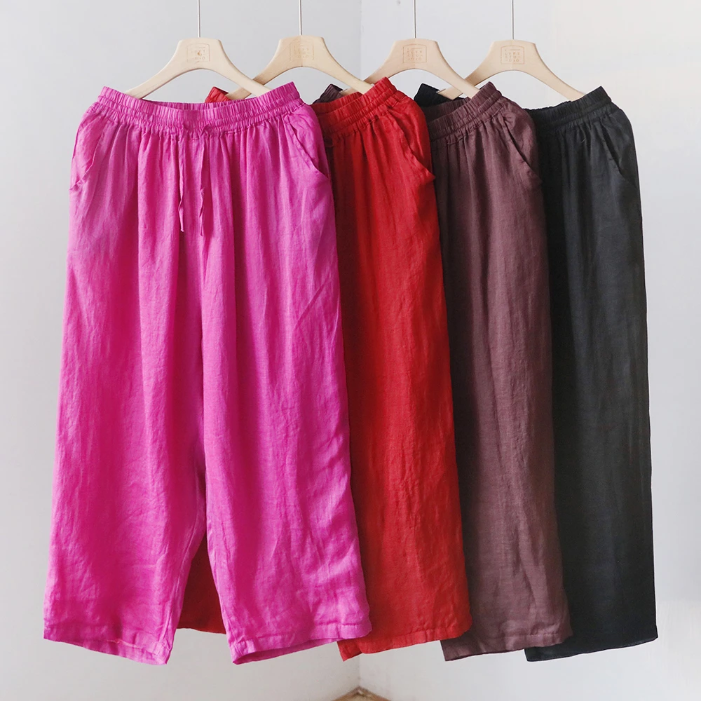 文艺纯色苎麻宽松哈伦裤 松紧腰翻盖口袋休闲长裤麻裤子 4SP262