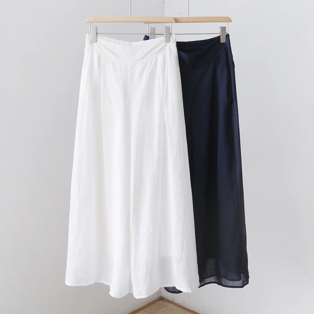 2024新款纯色简约苎麻休闲裤 复古双层阔腿裙裤腰封裤长裤 4SP235
