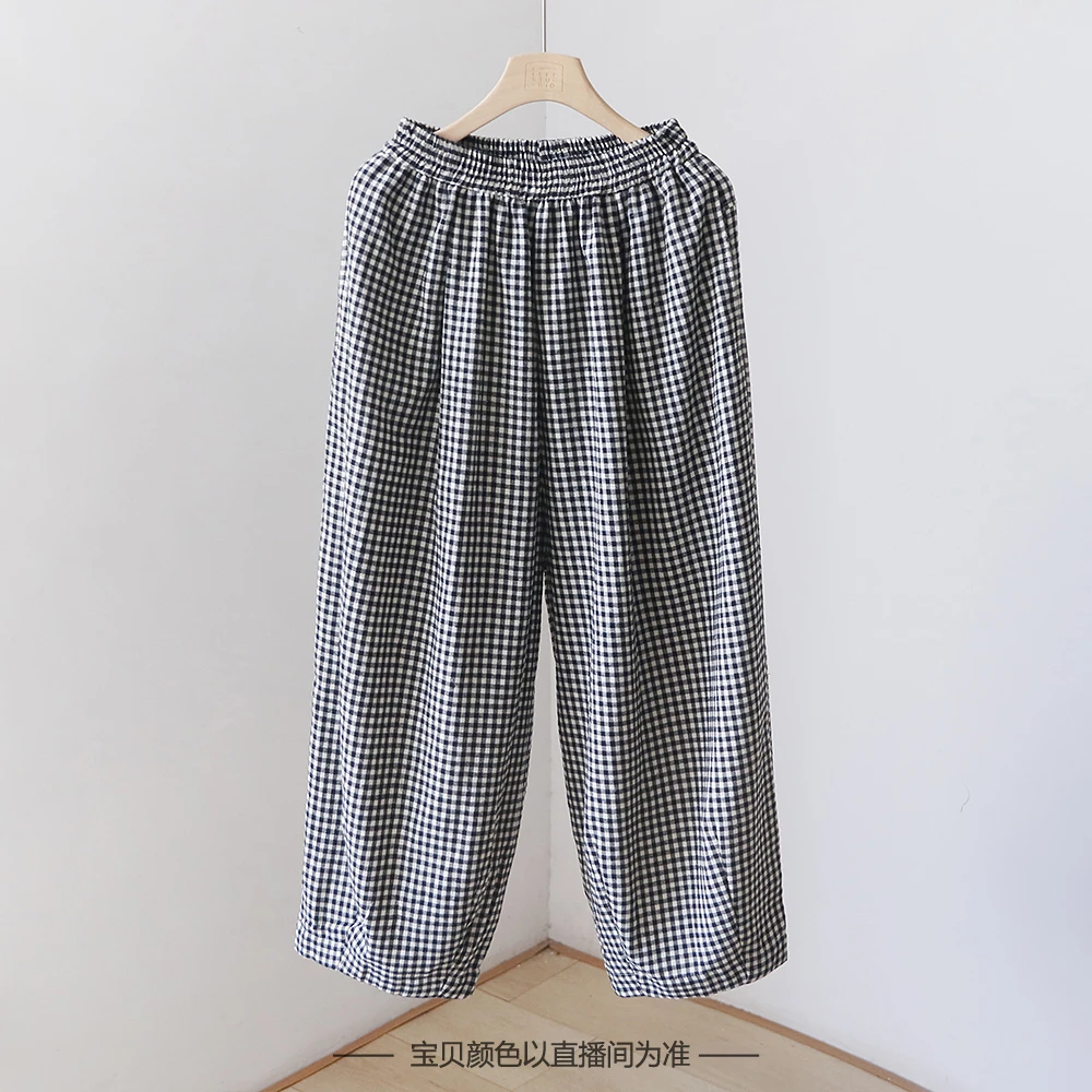 松紧腰宽松格子法兰绒休闲裤 秋季新款显瘦阔腿裤复古长裤 YZ2518