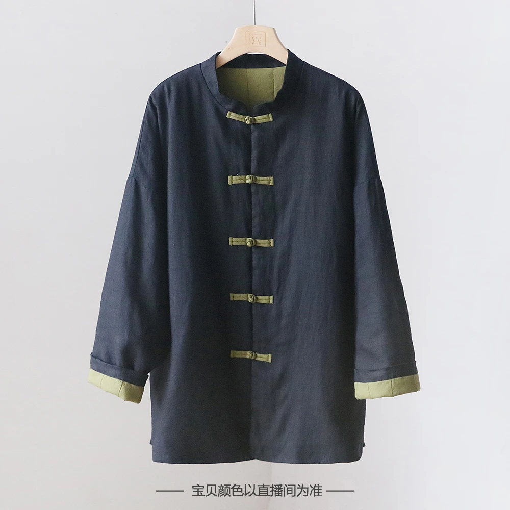 常熟新中式国风夹棉加厚保暖亚麻棉衣 中长款盘扣棉服外套3SP15-1