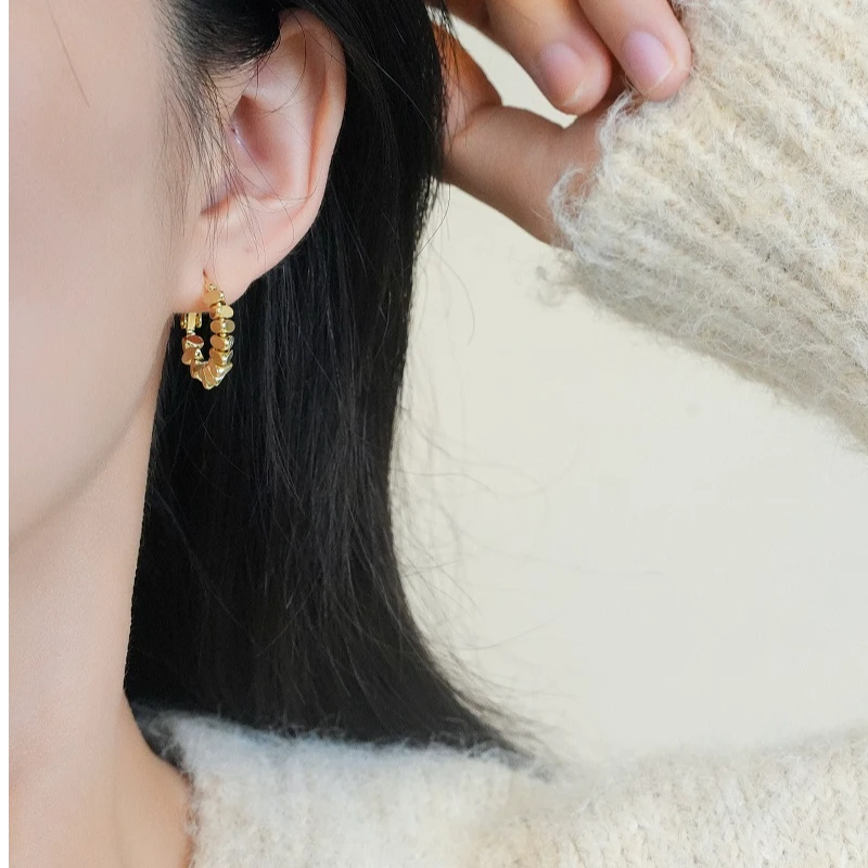 铜合金耳饰 925银针时来运转金色耳环法式耳圈小方块耳扣轻奢圈圈