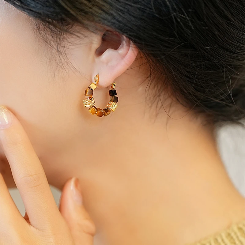 铜合金耳饰 方块串珠美拉德耳环复古轻奢耳饰品设计感ins高级耳扣