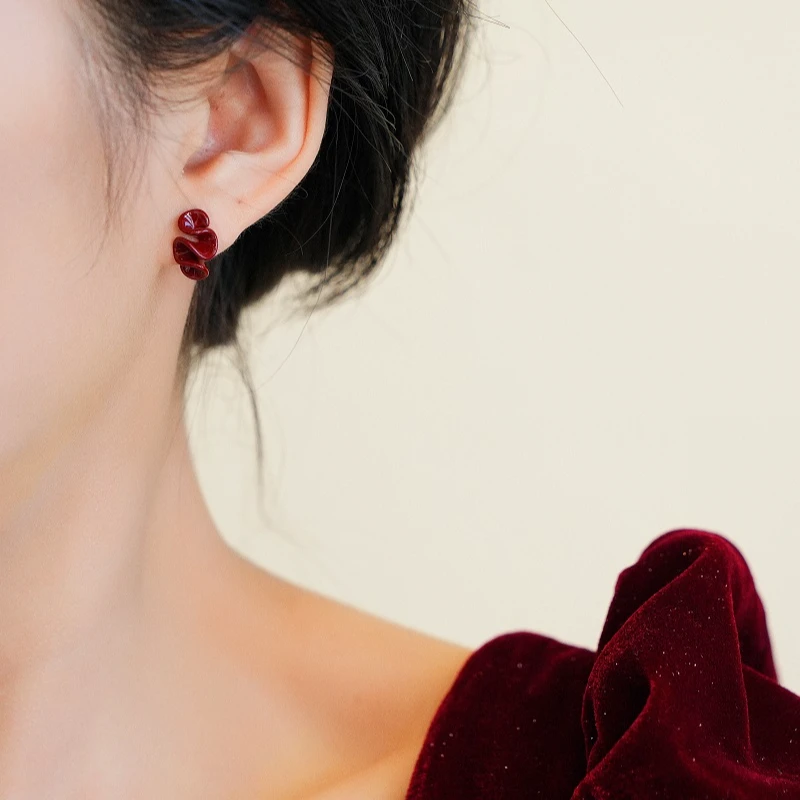 铜合金耳饰 925银针红色荷叶边耳环轻奢高级感气质大气2024款耳环