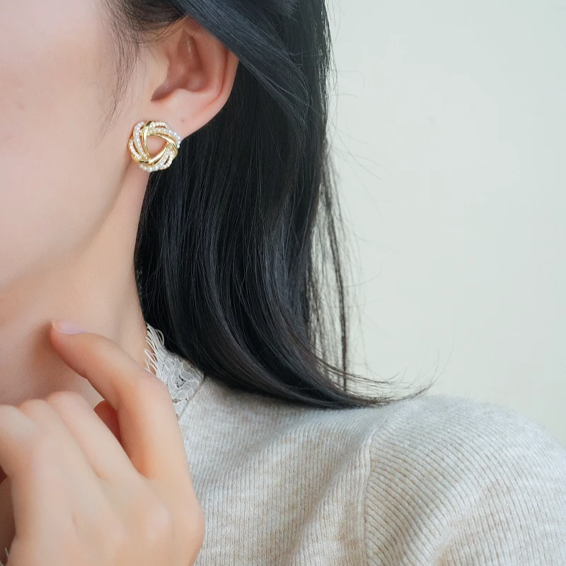 铜合金耳饰 925银针几何缠绕耳环小众设计感高级复古法式镂空饰品