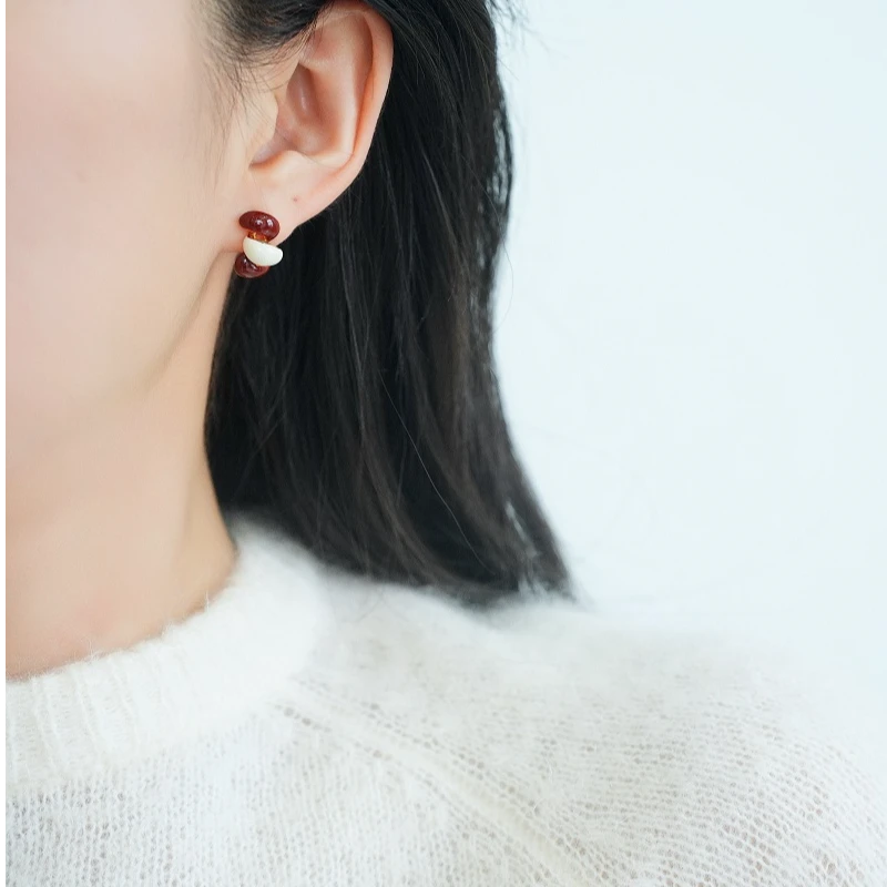 铜合金耳饰 红白色撞色耳环女设计感小众滴釉秋冬925银针耳饰百搭