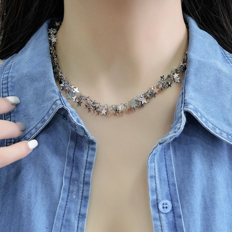 铜合金项链 繁星簇拥银色星星流苏辣妹项链韩国ins小众设计choker