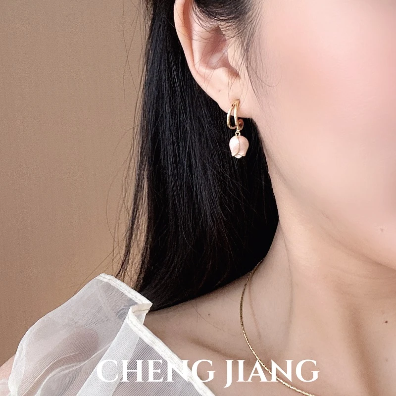 合金耳饰 油画粉色花朵温柔优雅女郁金香长款耳环春夏新款设计感