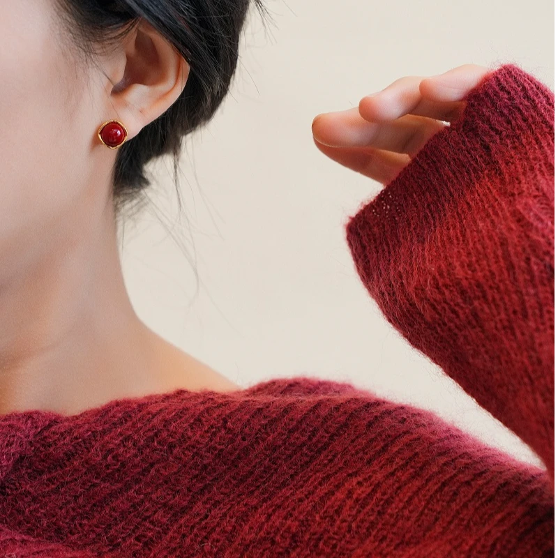 铜合金耳饰 925银针极简金色边过年红色耳环女小众设计感时尚耳环