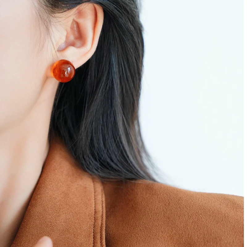 铜合金耳饰 925银针通透焦糖雅丹色圆球小众设计个性2024款耳环
