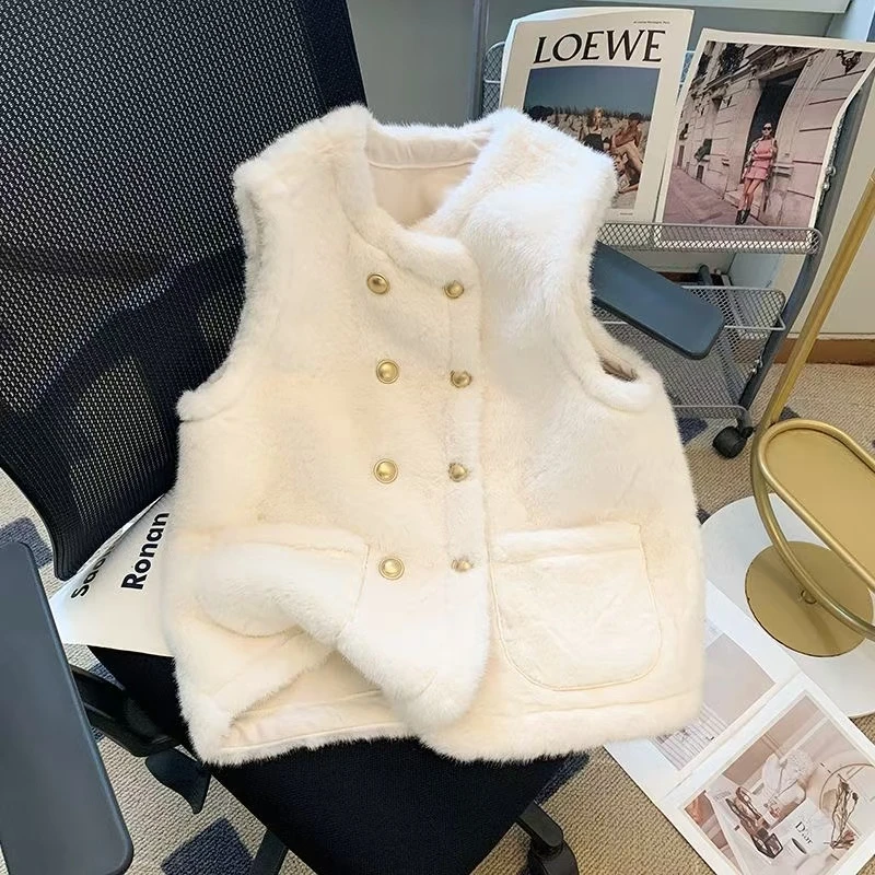 YOYO GALI/由由加莉仿欧貂绒烫金麂皮绒皮毛一体双排扣马甲短外套