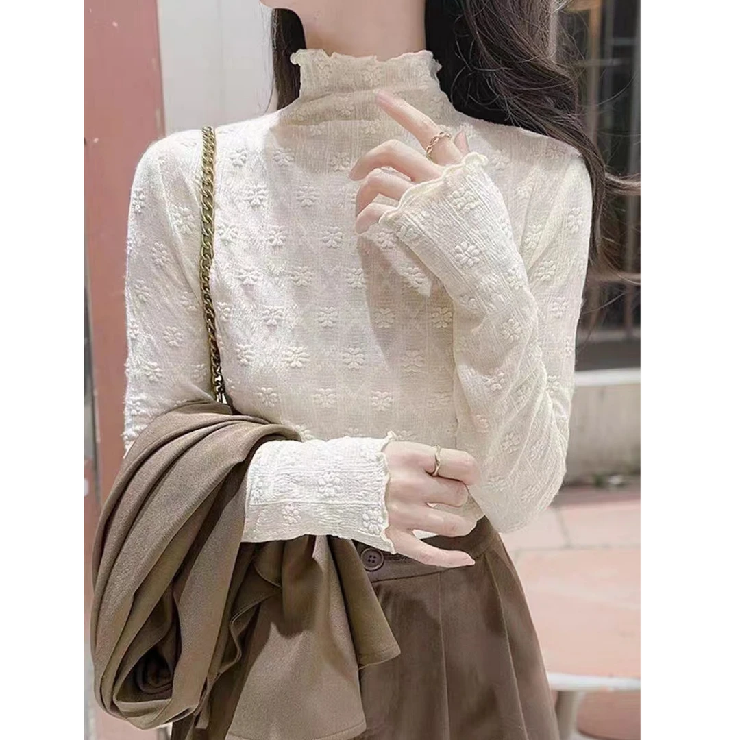 MidniteStar纯色花朵蕾丝打底衫秋冬内搭网纱半高领蕾丝长袖T6028