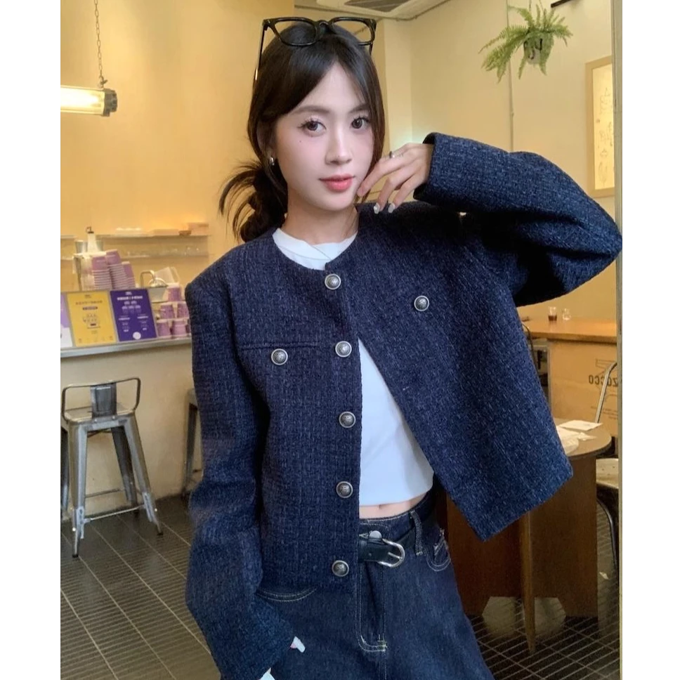 MidniteStar【运费补贴】藏蓝色小香长袖外套气质短骑行服上衣k009