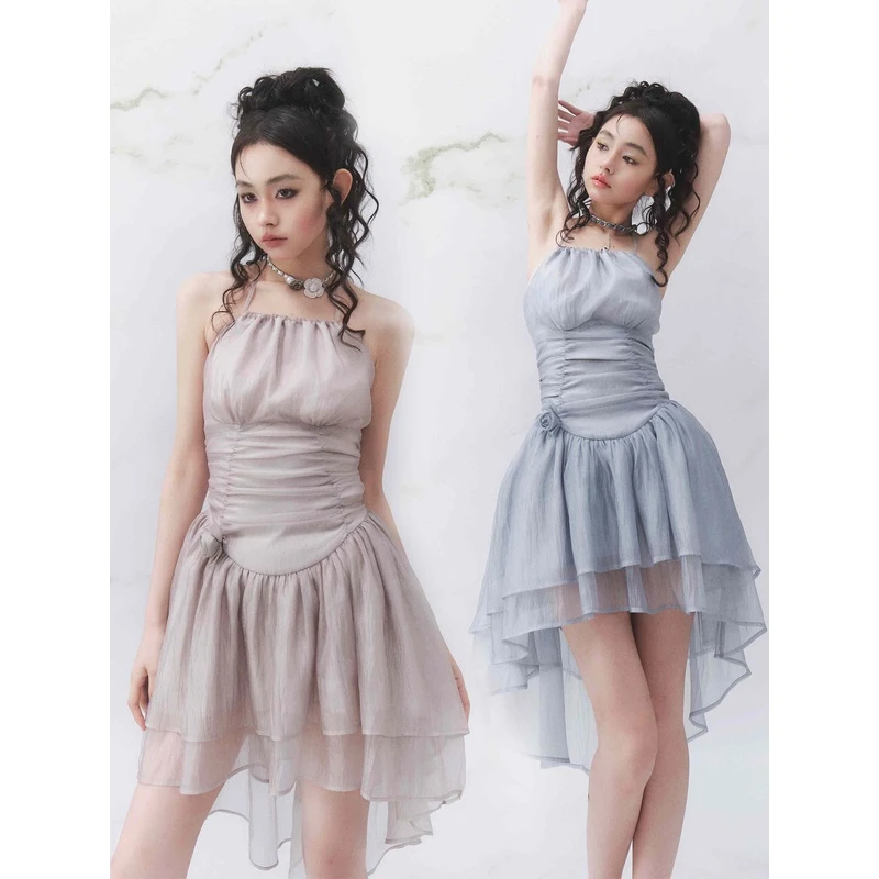 【5月16日新品】Torisee原创设计挂脖系带仙女褶皱肌理纱连衣裙女