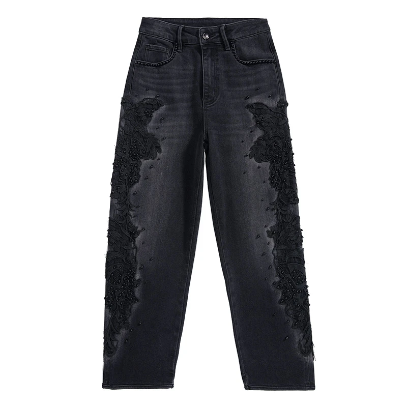 秋季新款重工刺绣花型钉珠烫钻高腰宽松显瘦时尚女装九分牛仔裤