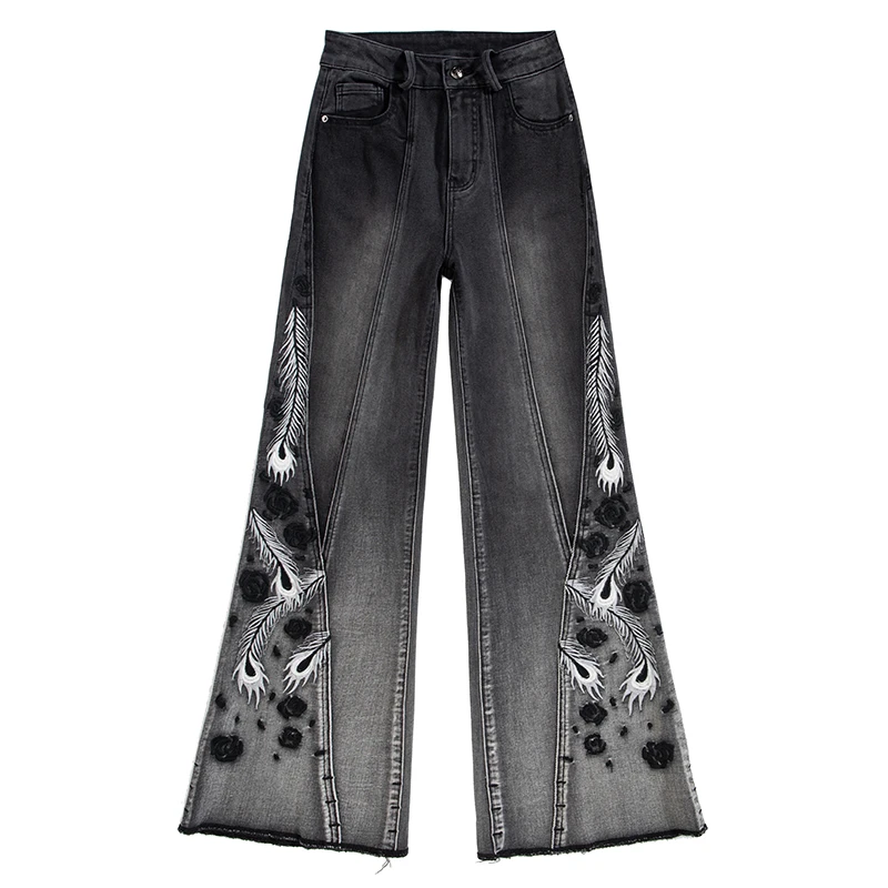 秋冬新款黑灰色拼接重工刺绣设计花型窄版喇叭裤时尚女士牛仔裤