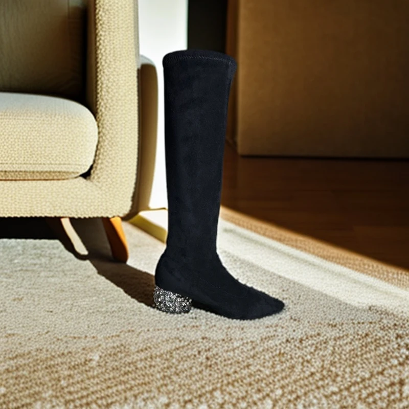 女鞋时尚尖头弹力靴秋冬百搭黑色长筒圆头