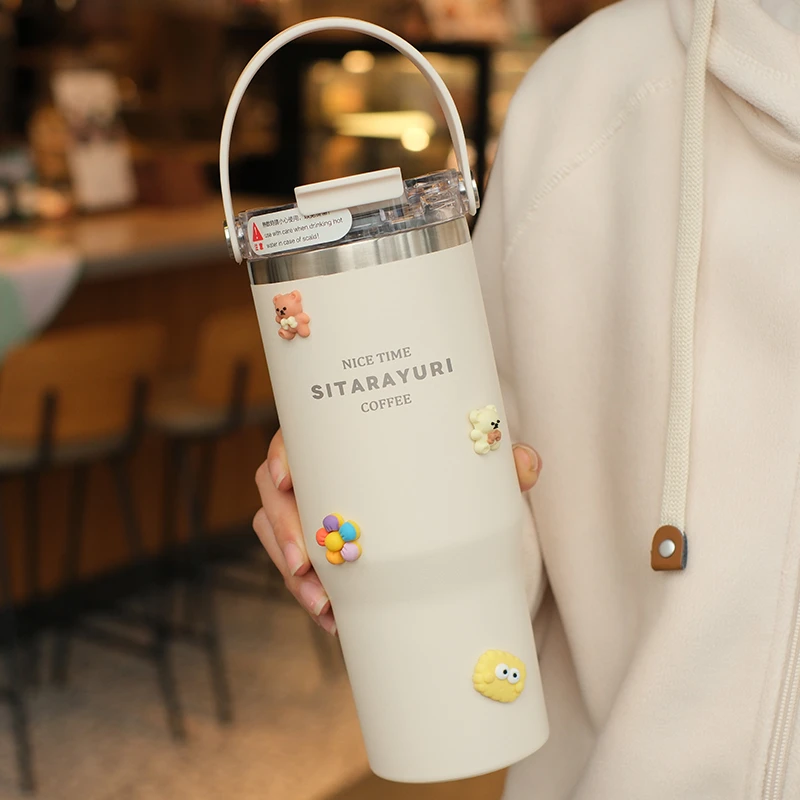 保温杯大容量折叠吸管杯高颜值水杯办公室户外保冷杯子便携车载杯