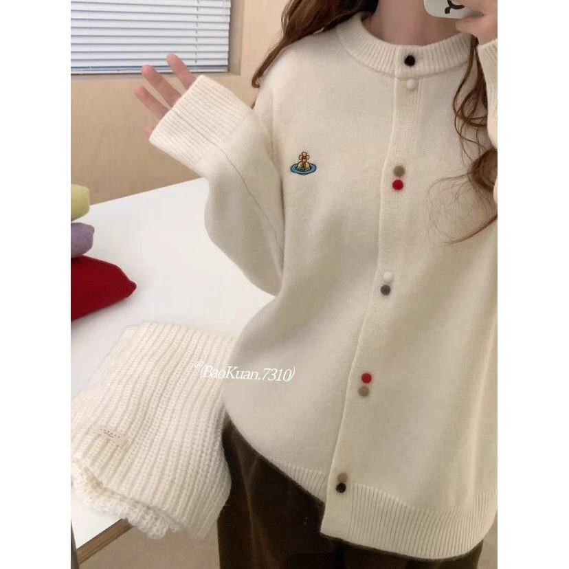 韩版刺绣卡通软糯长袖开衫上衣女秋冬新款宽松减龄针织衫毛衣外套