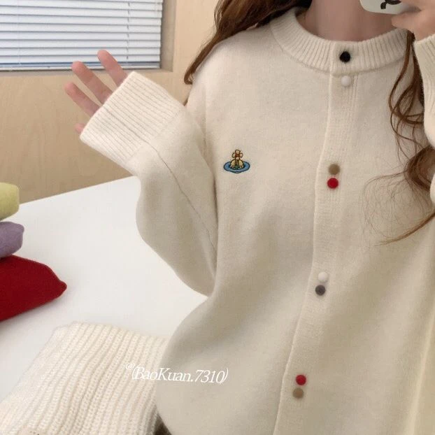 刺绣针织开衫女2024早春新款单排扣圆领长袖毛衣外套软糯韩版上衣