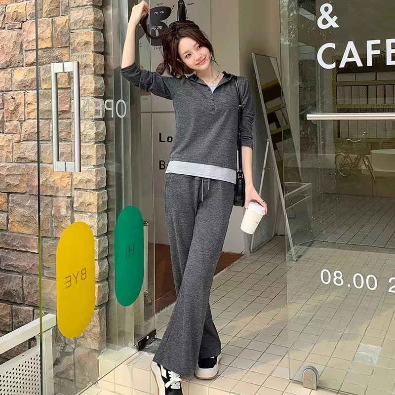 春秋糯米两件套长袖长裤套装时尚休闲韩版慵懒风连帽宽松卫衣