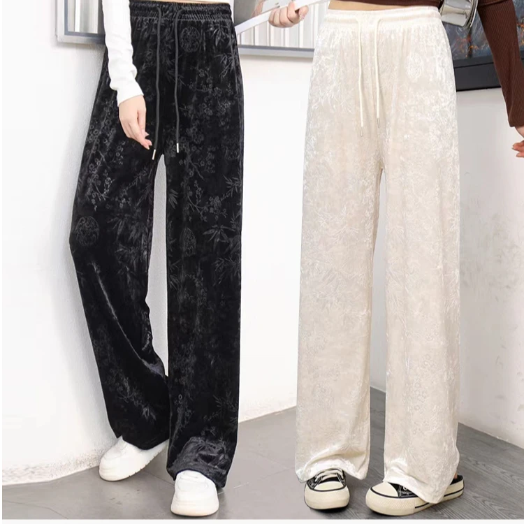 新中式秋季新款冰花丝绒国风阔腿直筒裤显高显瘦舒适柔软阔腿裤