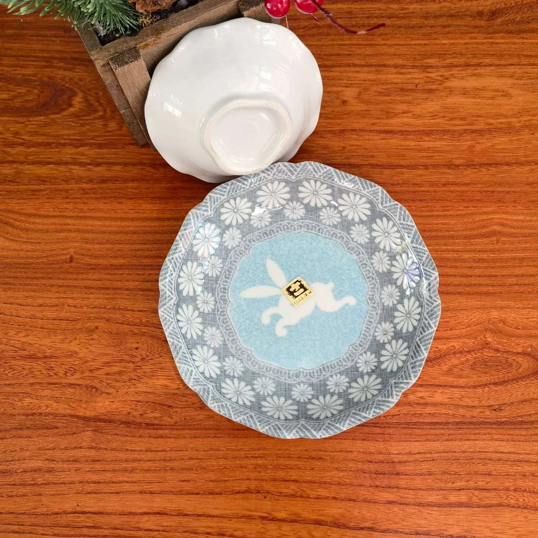 当代硬瓷泽田玉兔团菊P杯碟蓝色手绘复古印花釉下彩杯碟蓝色手绘