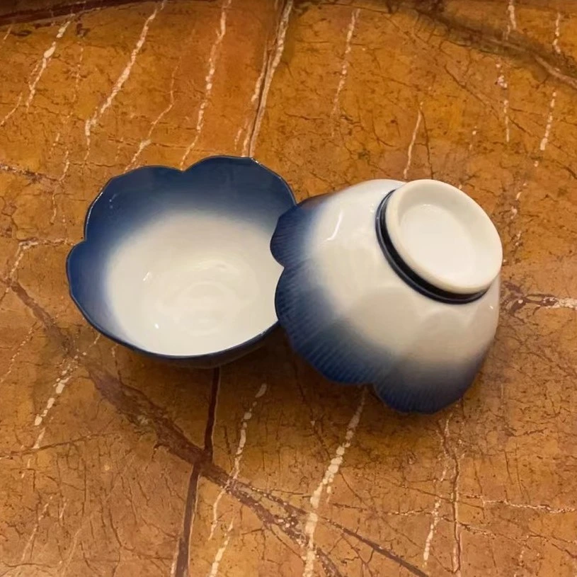 满38包邮RB制渐变蓝莲花杯（蘸料小碗）一对主人杯手工三才陶瓷