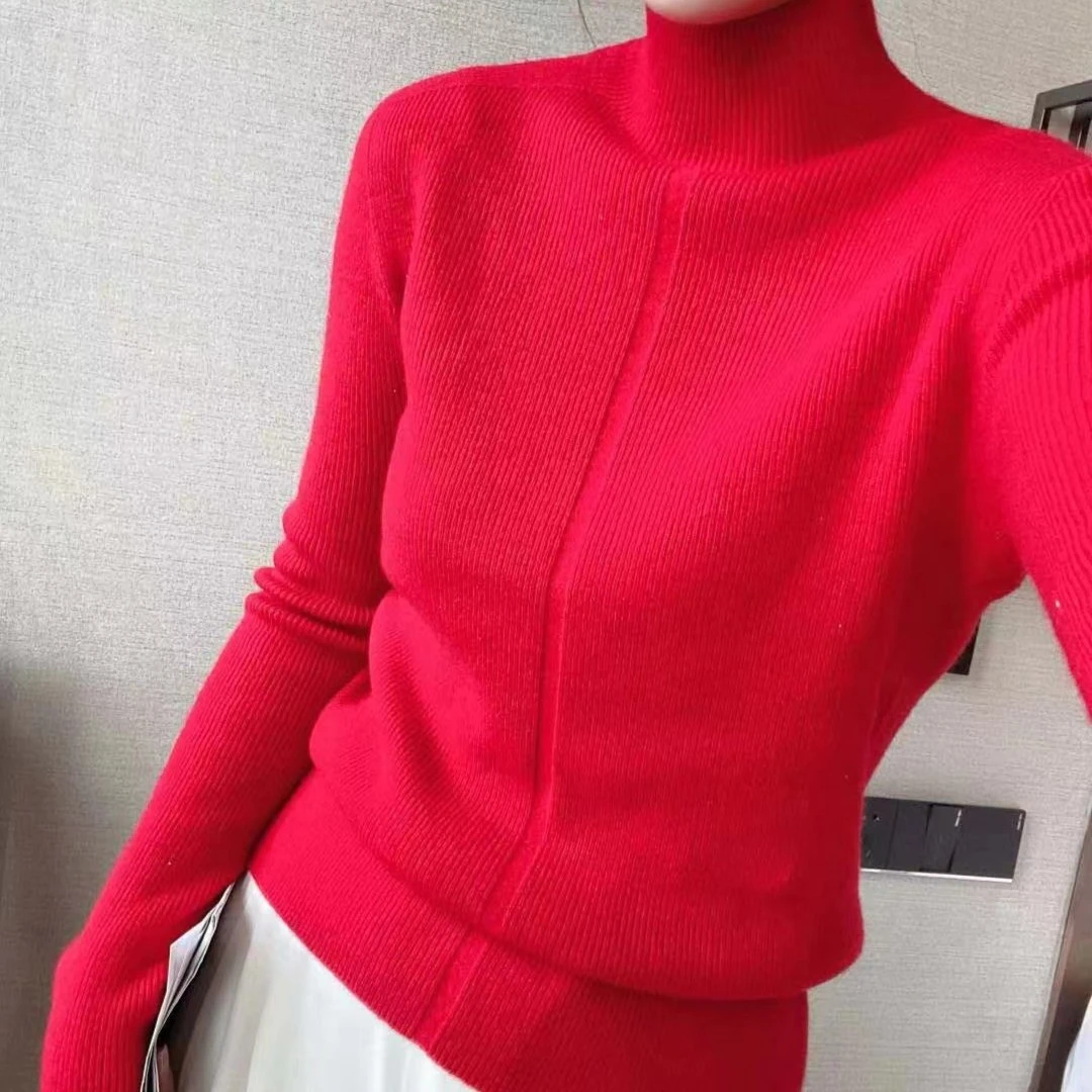 纪凡姬/1571-竖条纹细腻半高领针织衫女秋冬宽松显瘦