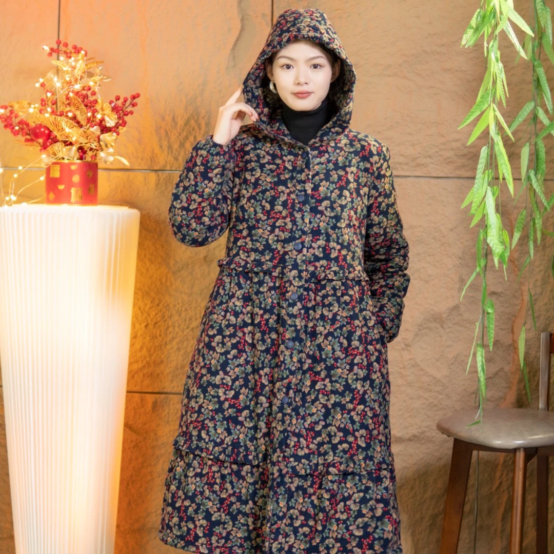 6246冬季加棉加厚长款磨毛棉衣保暖时尚棉服碎花中长款加绒连帽