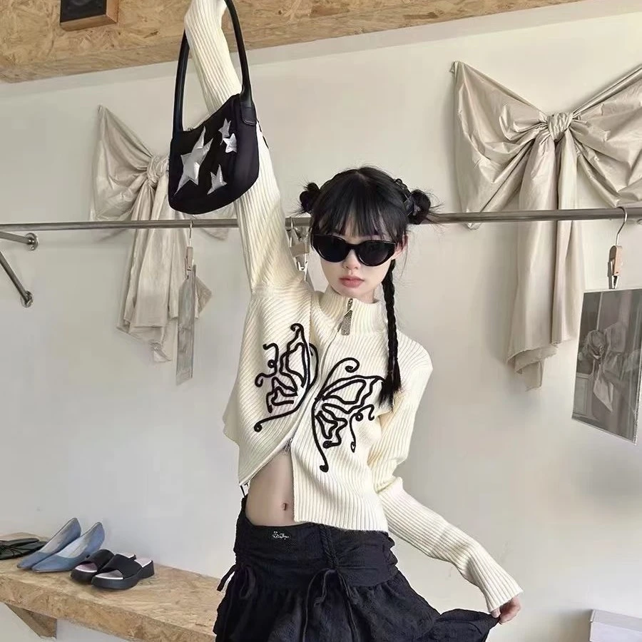 美式复古时尚潮流小众蝴蝶针织开衫修身短款双头拉链高领外套现货