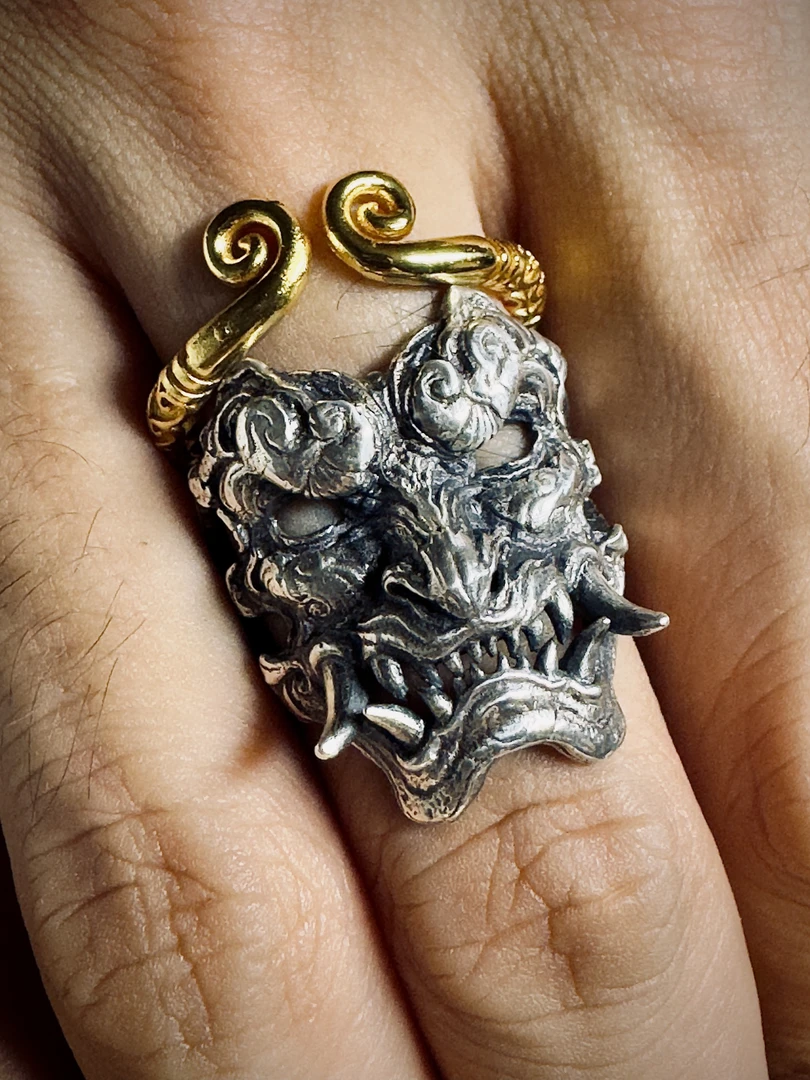 925银戒指 黑神话悟空藏风兽面银戒指手工个性霸气做旧项坠