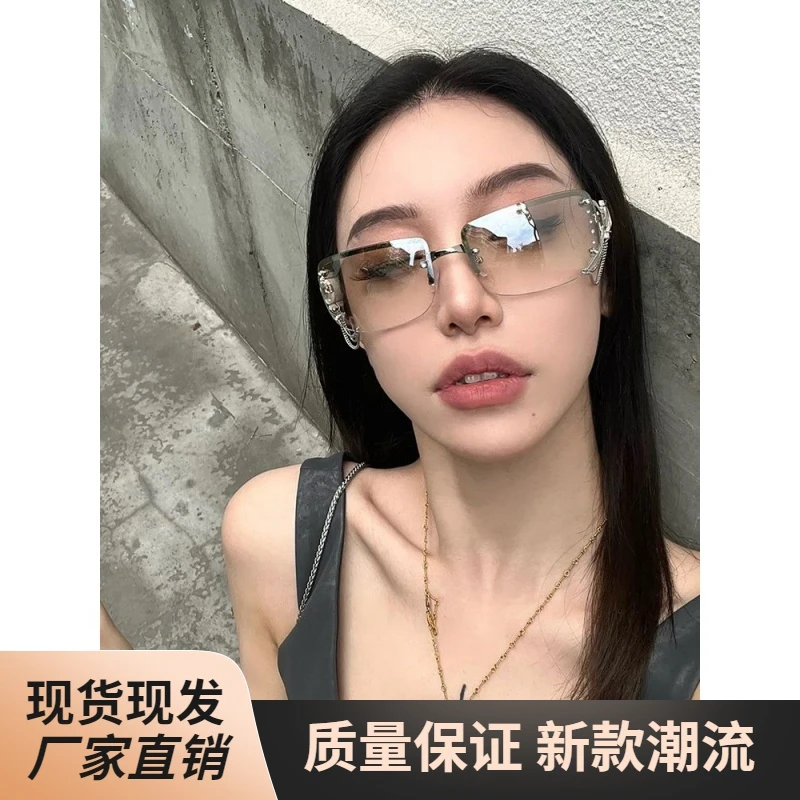时尚新款法式复古Y2K千禧辣妹墨镜女款无框镶钻科技感配潮流网红