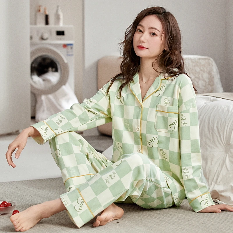 睡衣女长袖翻领秋冬季女士时尚2023新款两件套韩版大码家居服套装