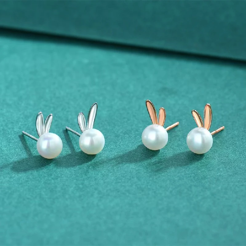 萌宠小兔子珍珠耳钉小众耳饰轻奢可爱百搭s925镶嵌ins清新小巧