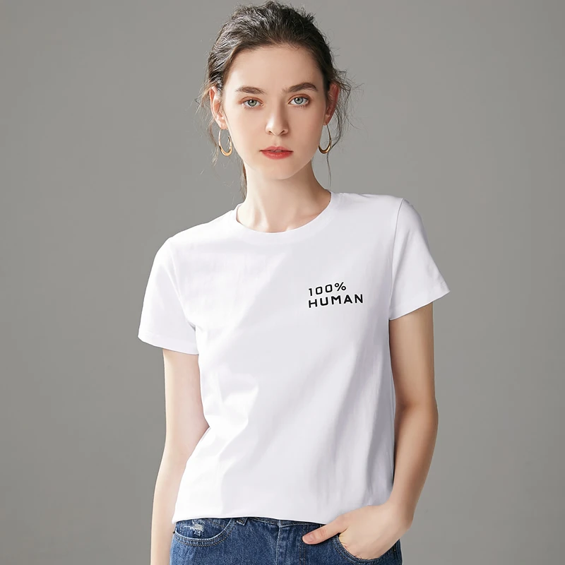 白色t恤女圆领短袖2024新款纯色不透显瘦带字母简约丅圆领打底衫