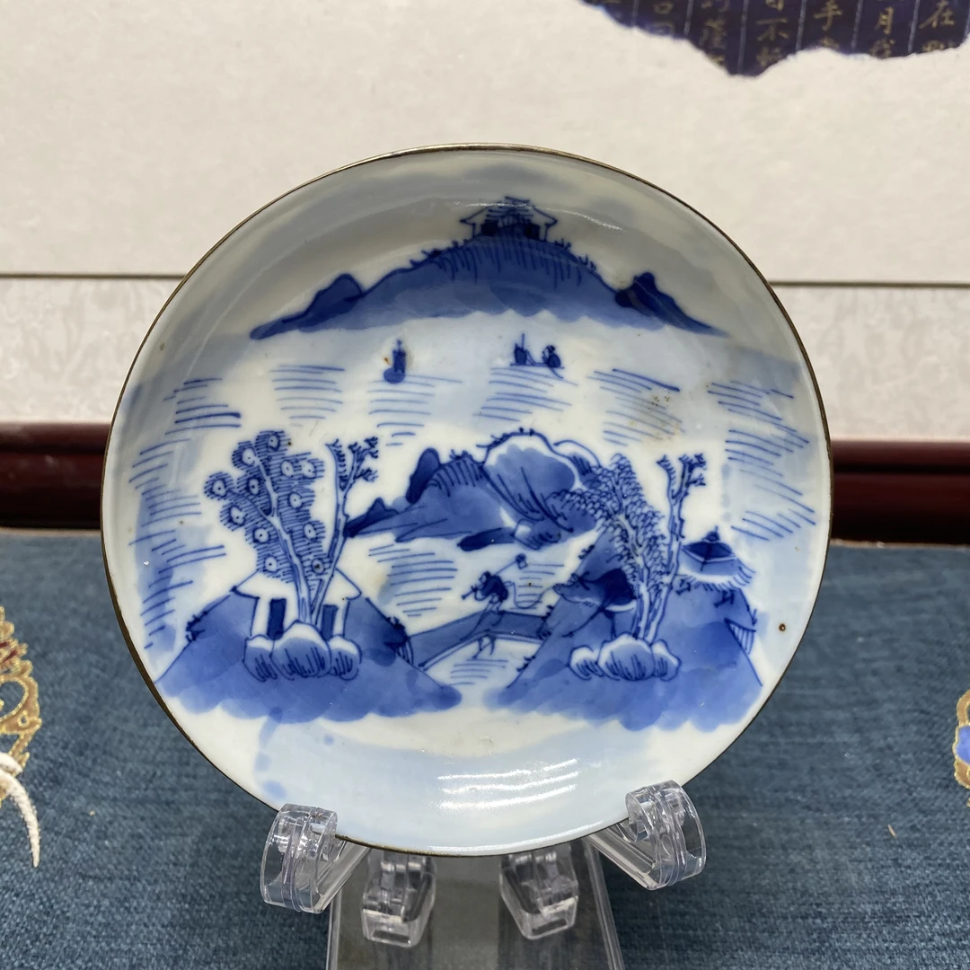 清晚期渔桥耕读青花盘45/古玩/收藏/KC20241101017