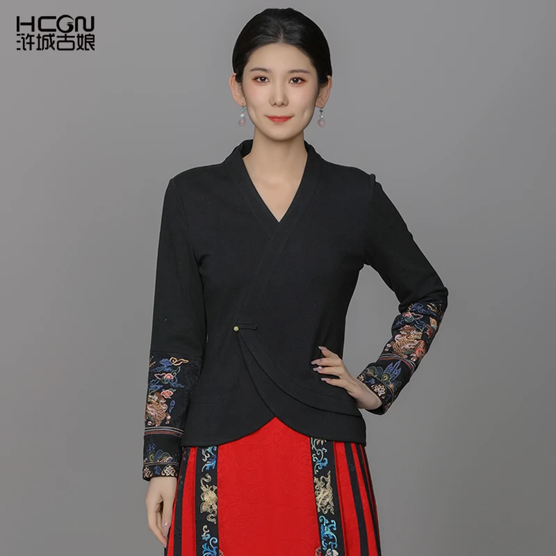 【棉质】中国风精致刺绣显瘦舒适百搭气质女V领凤如意上衣ACL181061