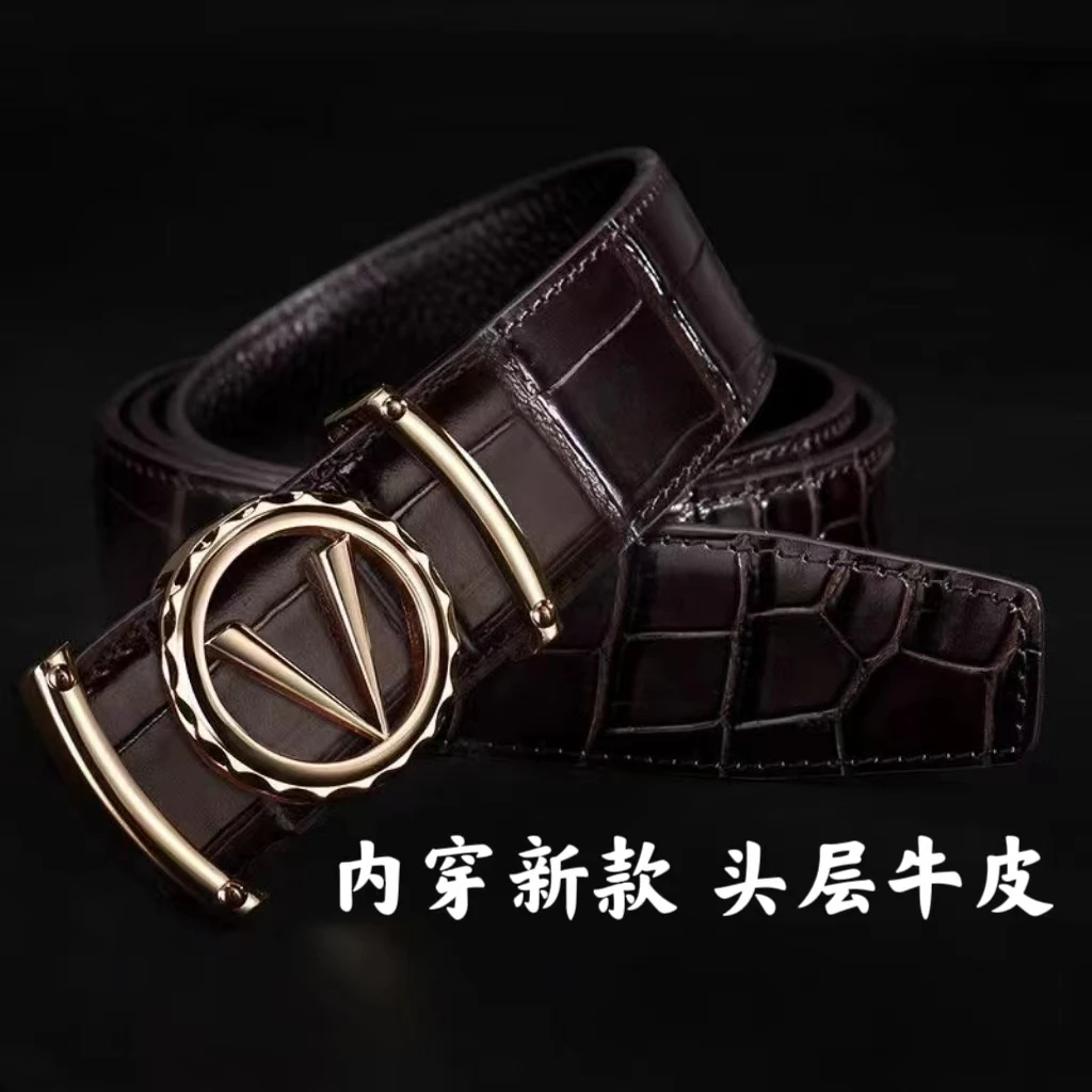 2023新款男士皮带高档内穿式自动扣皮带内穿皮带扣头层牛皮鳄鱼纹