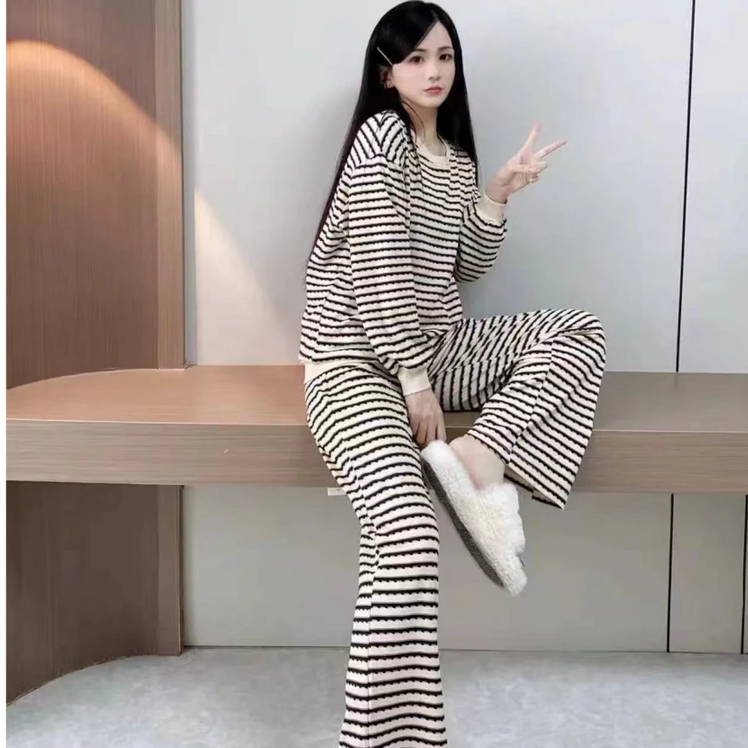 带胸垫女秋冬长袖长裤纯棉时尚韩版简约家居服套装(条纹可外穿)