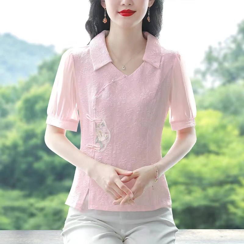 Q9985轻国风雪纺衫女夏季新中式翻领盘扣小衫复古斜襟提花上衣