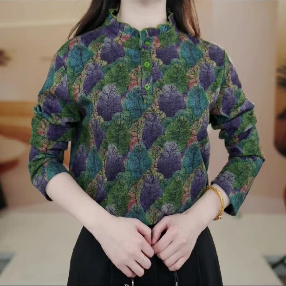 X8810圆领长袖小衫女2025新款碎花显瘦套头衬衫上衣女保暖打底衫