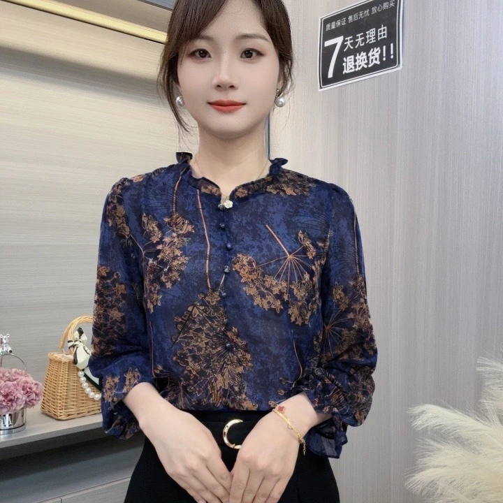 A9988时尚设计感碎花雪纺衫女2025春季新款洋气小衫显瘦减龄衬衫