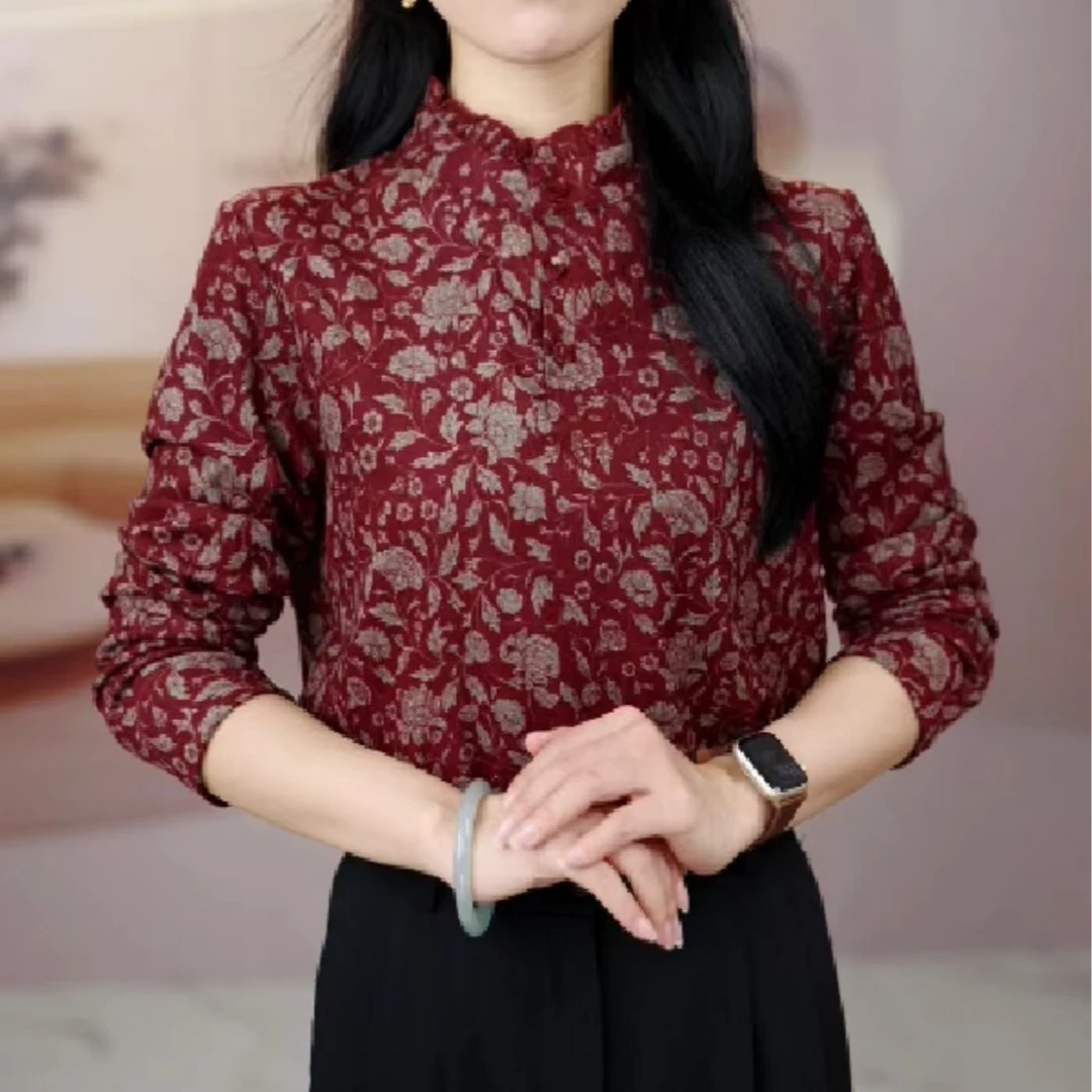 A8809立领长袖小衫女2025新款碎花显瘦套头衬衫上衣女保暖打底衫