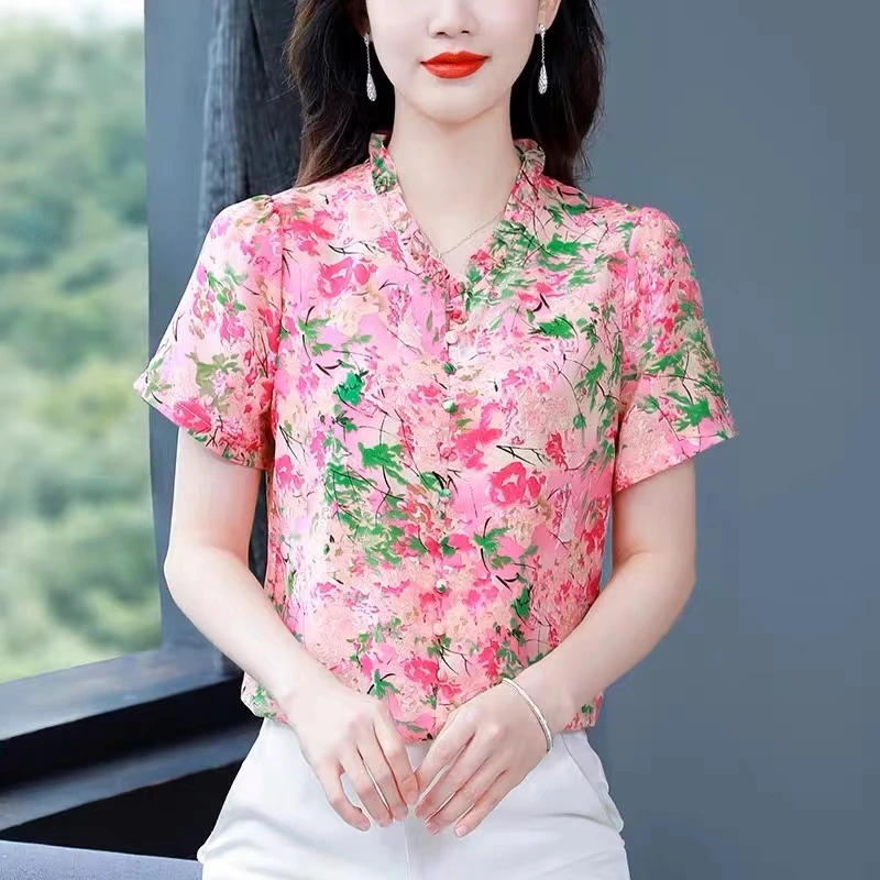 H9958时尚V领雪纺衫女2025夏季新款小衫上衣女气质荷叶边雪纺衬衫